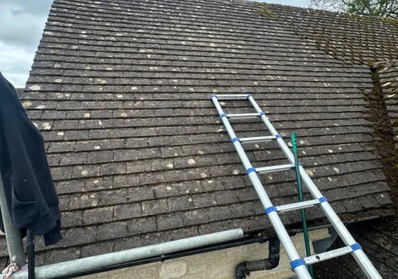 An old Cotswold stone slate roof with moss through the lower courses, scaffolded at the eaves.